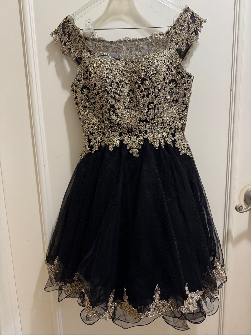 XS Black & Gold Lace Appliqué Dress